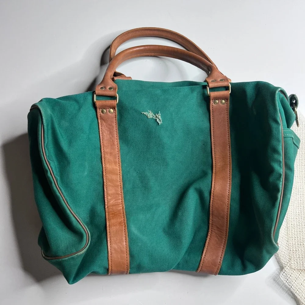 Vintage Crafted With Pride Green Canvas Leather Duffel Bag USA Made Weekender